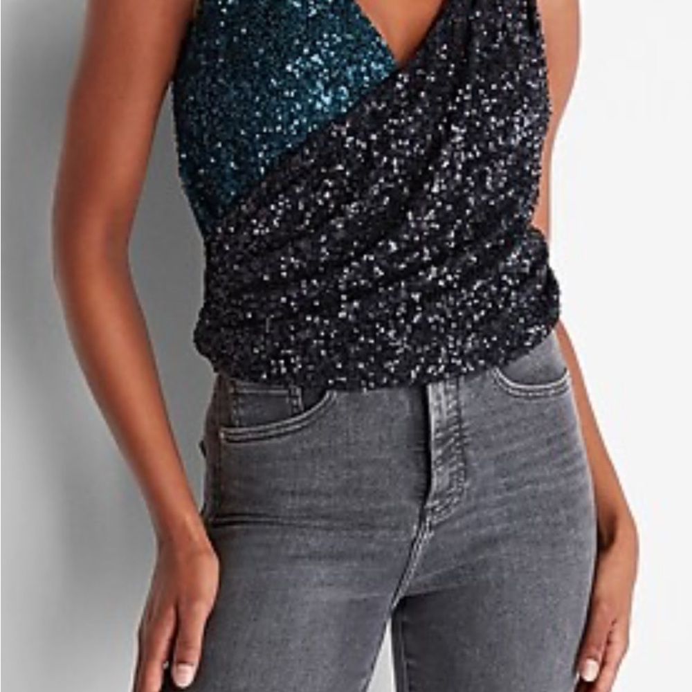 Sequin Wrap Top in Black and Teal